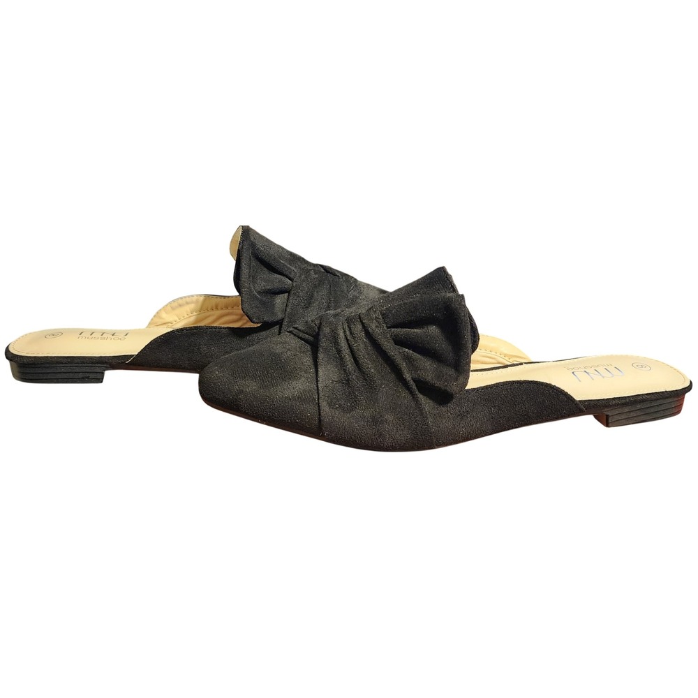Musshoe Womens Black Faux Suede Pointed Toe Bow Mules Flats Size 8 Slip On Shoes